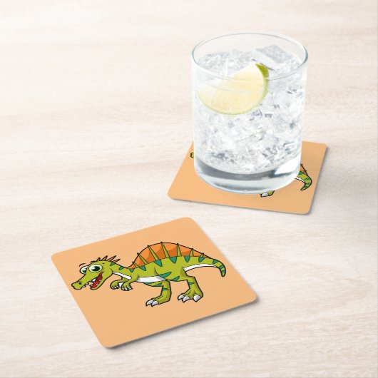 かわいいイラストレーション笑顔のスピノサウルス。 スクエアペーパーコースター (インサイチュ)
