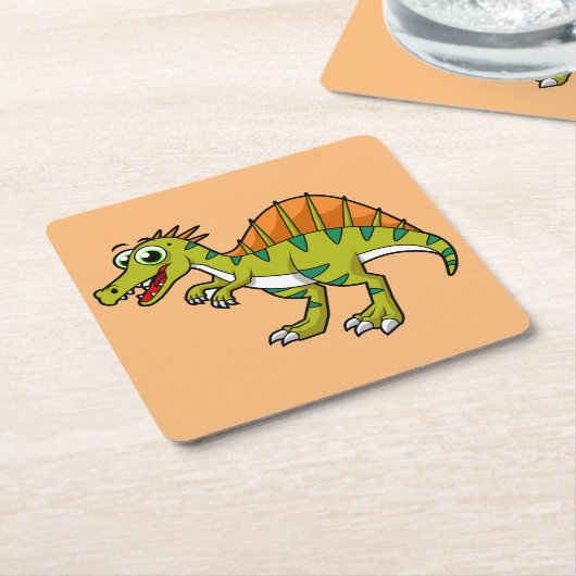 かわいいイラストレーション笑顔のスピノサウルス。 スクエアペーパーコースター (アングル)