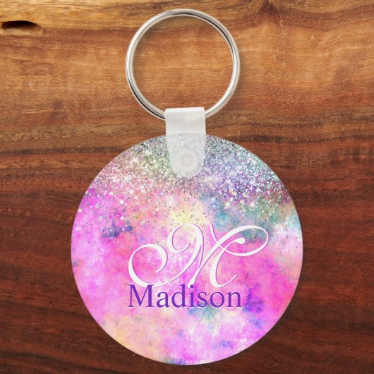 かわいいイリデスゲン銀フェイクグリッターモノグラムのノートボ キーホルダー (正面)