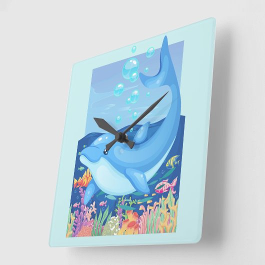 かわいいイルカが海の幸をバブルズ スクエア壁時計 (傾斜)