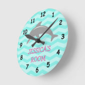 かわいいイルカとシェブロンの子供たち子供部屋の壁時計 ラウンド壁時計 (傾斜)