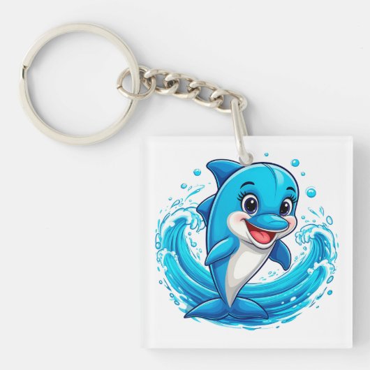 かわいいイルカのキャラクターが水しぶきをあげる キーホルダー (正面)