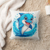 かわいいイルカのキャラクターが水しぶきをあげる クッション (ブランケット)