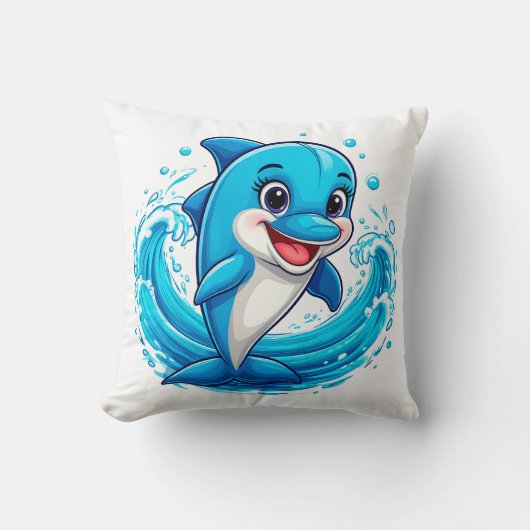 かわいいイルカのキャラクターが水しぶきをあげる クッション (正面)