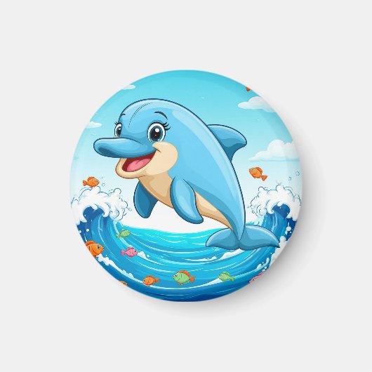 かわいいイルカのキャラクターが水しぶきをあげる マグネット (正面)