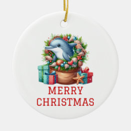 かわいいイルカのクリスマス セラミックオーナメント