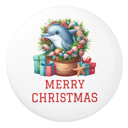 かわいいイルカのクリスマス セラミックノブ (正面)