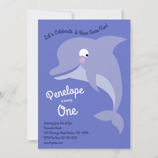 かわいいイルカの子どもたち1歳の誕生日パーティー 招待状 (正面)