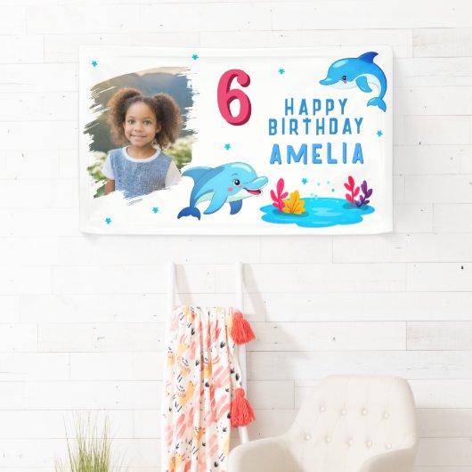 かわいいイルカの海の動物の写真の誕生日パーティー 横断幕 (インサイチュ)