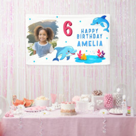 かわいいイルカの海の動物の写真の誕生日パーティー 横断幕