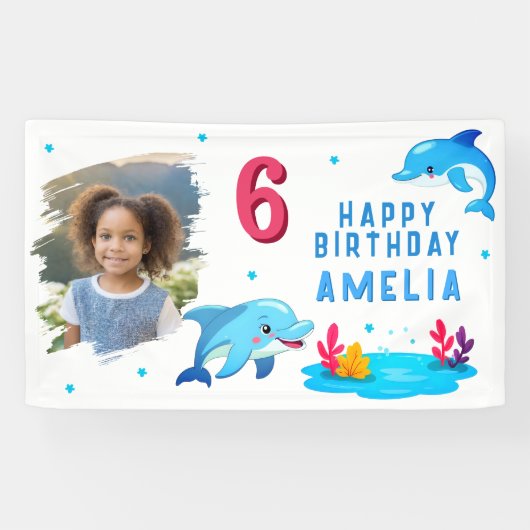 かわいいイルカの海の動物の写真の誕生日パーティー 横断幕 (横)
