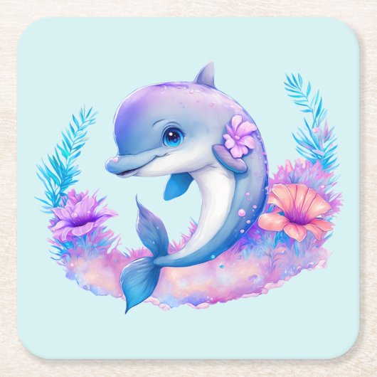 かわいいイルカの海の生き物 スクエアペーパーコースター (正面)