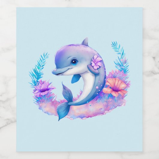 かわいいイルカの海の生き物 ワインラベル (シングルラベル)