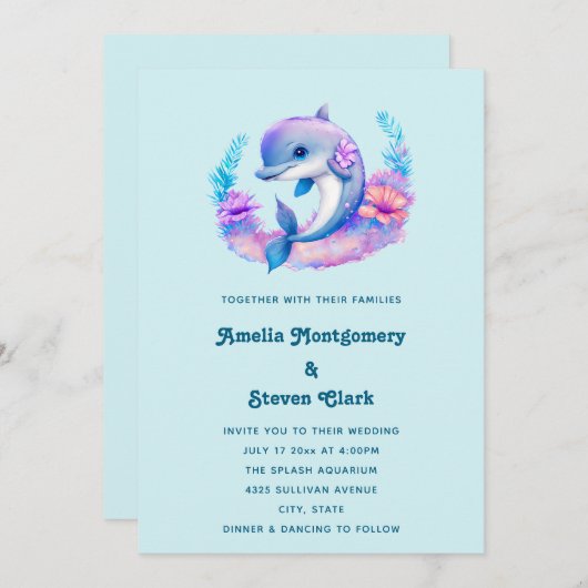 かわいいイルカの海結婚生き物 招待状 (正面/裏面)