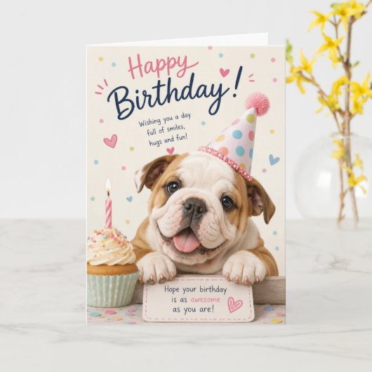 かわいいイングリッシュブルドッグの子犬の誕生日 カード (黄色い花)