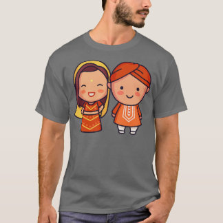 かわいいインディアン新郎新婦伝統的に服を Tシャツ