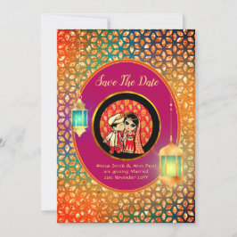 かわいいインディアン漫画カップル日付を保存する写真を追加 招待状