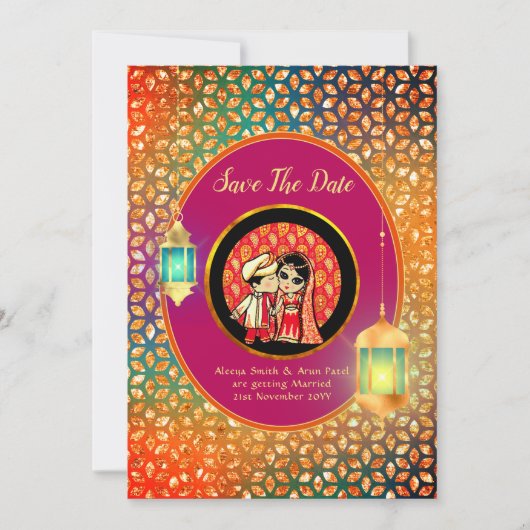 かわいいインディアン漫画カップル日付を保存する写真を追加 招待状 (正面)