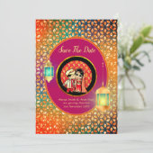 かわいいインディアン漫画カップル日付を保存する写真を追加 招待状 (スタンド正面)