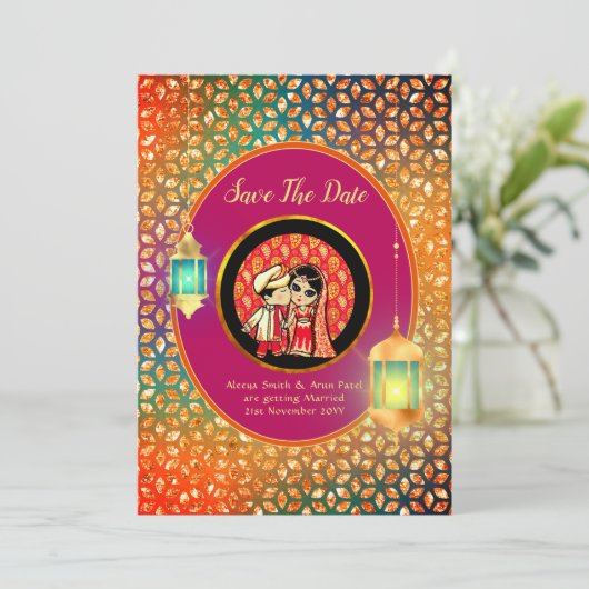 かわいいインディアン漫画カップル日付を保存する写真を追加 招待状 (スタンド正面)