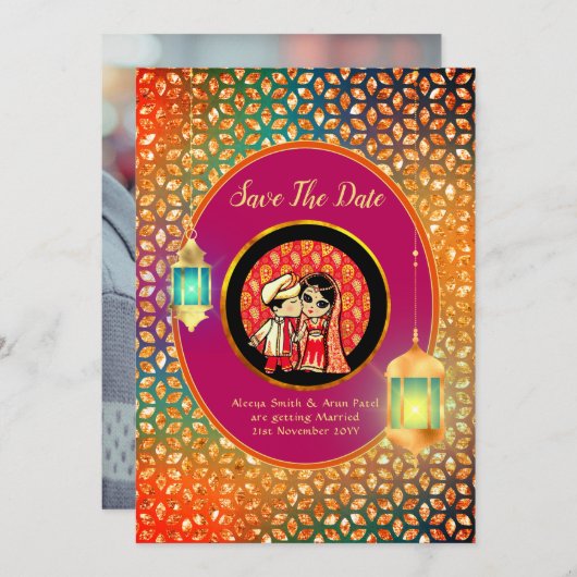 かわいいインディアン漫画カップル日付を保存する写真を追加 招待状 (正面/裏面)