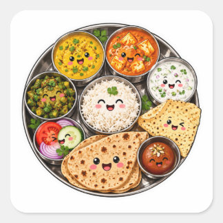 かわいいインドのターリーステッカー、かわいいインド料理の皿 スクエアシール