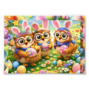 かわいいイースターうさぎのフクロウ3匹 春のアートプリント デ フォトプリント           