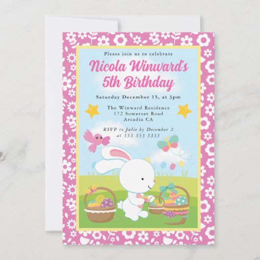 かわいいイースターうさぎの春の子供の誕生日 招待状 (正面)