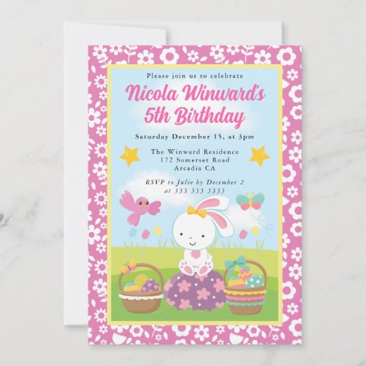 かわいいイースターうさぎの春の子供の誕生日 招待状 (正面)