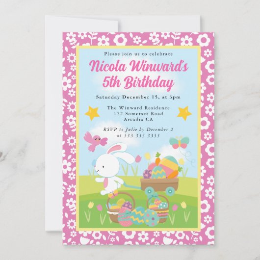 かわいいイースターうさぎの春の子供の誕生日 招待状 (正面)