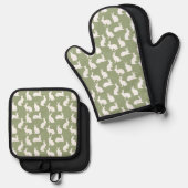 かわいいイースターのうさぎのデザイン Sage Green White 鍋つかみ&鍋敷きセット (正面/裏面)