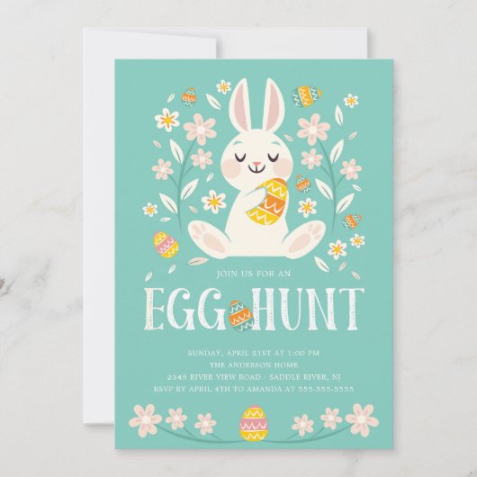 かわいいイースターのウサギのイースターエッグの狩りのパーティー 招待状 (正面)