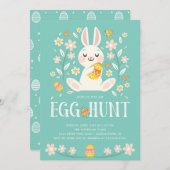 かわいいイースターのウサギのイースターエッグの狩りのパーティー 招待状 (正面/裏面)