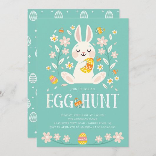 かわいいイースターのウサギのイースターエッグの狩りのパーティー 招待状 (正面/裏面)