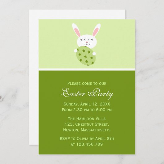 かわいいイースターのウサギ(緑) 招待状 (正面/裏面)