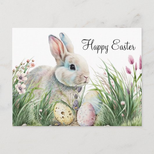 かわいいイースターの願い：水の色のバニーと卵 ポストカード (正面)