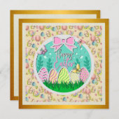 かわいいイースターエッグハントとカラフルな蝶 招待状 (正面/裏面)
