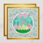 かわいいイースターエッグハントとカラフルな蝶 招待状 (正面/裏面)