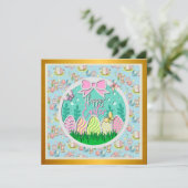 かわいいイースターエッグハントとカラフルな蝶 招待状 (スタンド正面)