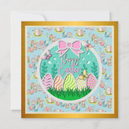 かわいいイースターエッグハントとカラフルな蝶 招待状