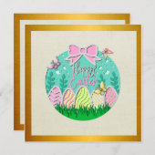 かわいいイースターエッグハントとカラフルな蝶 招待状 (正面/裏面)