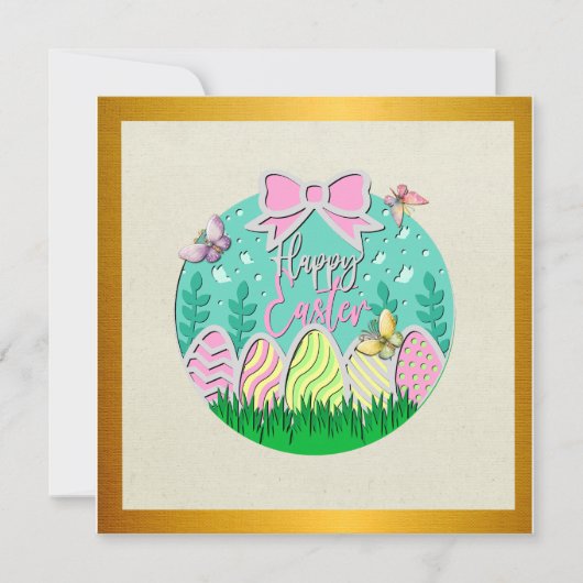 かわいいイースターエッグハントとカラフルな蝶 招待状 (正面)