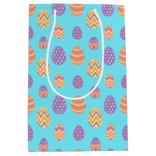 かわいいイースターエッグパターカラフルン春ブルー ミディアムペーパーバッグ (正面)
