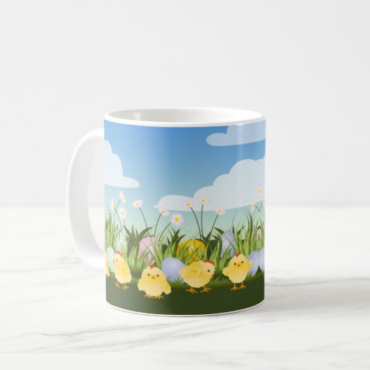 かわいいイースターエッグベビーチックスと花のシーン コーヒーマグカップ (正面左)