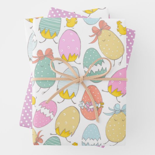 かわいいイースターエッグ、イースターチックスとピンクの水玉模様 ラッピングペーパーシート (インサイチュ)