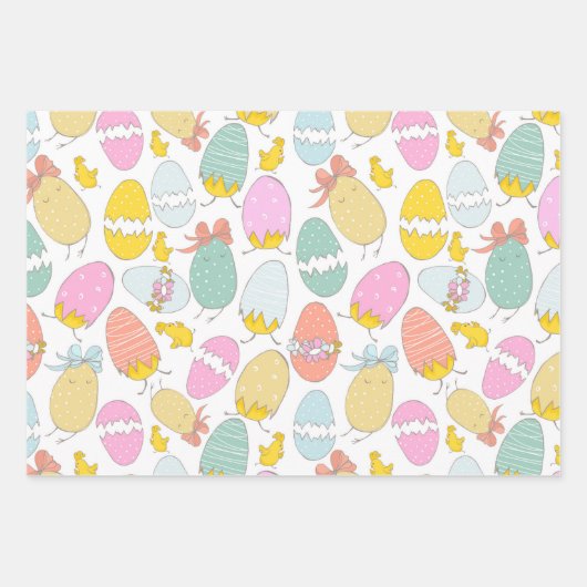 かわいいイースターエッグ、イースターチックスとピンクの水玉模様 ラッピングペーパーシート (正面)