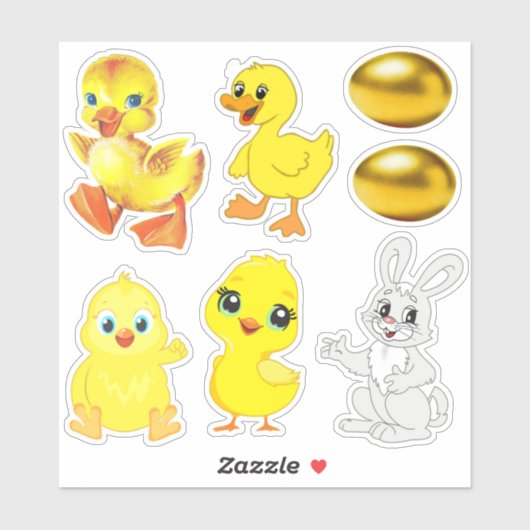 かわいいイースターエッグ、ウサギ、ヒナ、子ガモ シール (シート)