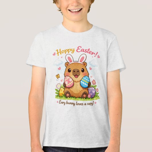 かわいいイースターカピバラの卵 ウサギの耳 トライブレンドTシャツ (正面)