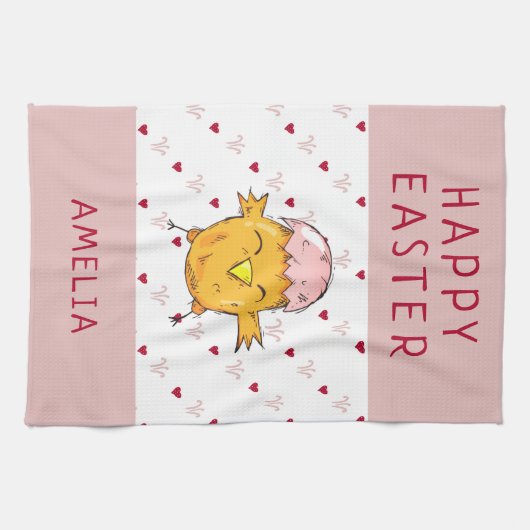 かわいいイースターシックとエッグシェルハートハッピーイースター キッチンタオル (横)
