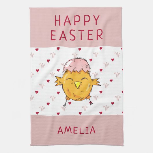 かわいいイースターシックとエッグシェルハートハッピーイースター キッチンタオル (縦)